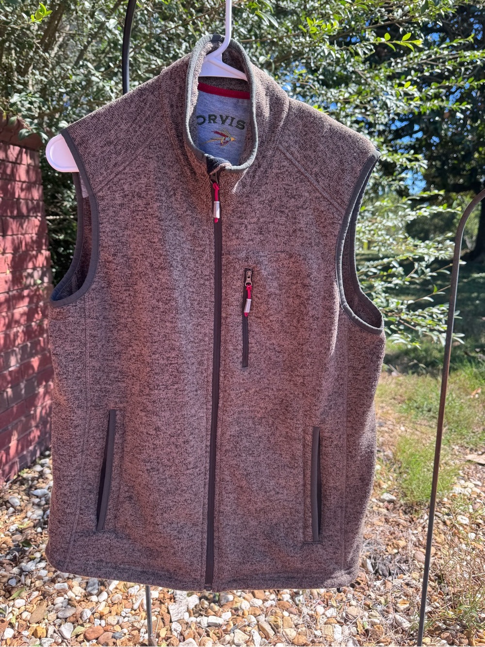 Orvis Men's Medium Sweater Fleece Full Zip Vest brown tones Zip Pockets